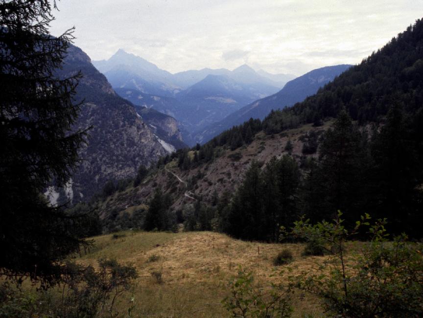 Montée vers les chalets de Bramousse ; le Guil coule dans la combe du Queyras, au fond de ce versant abrupt