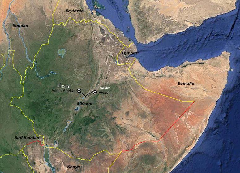 Carte du trajet d'Addis Abeba à Awash