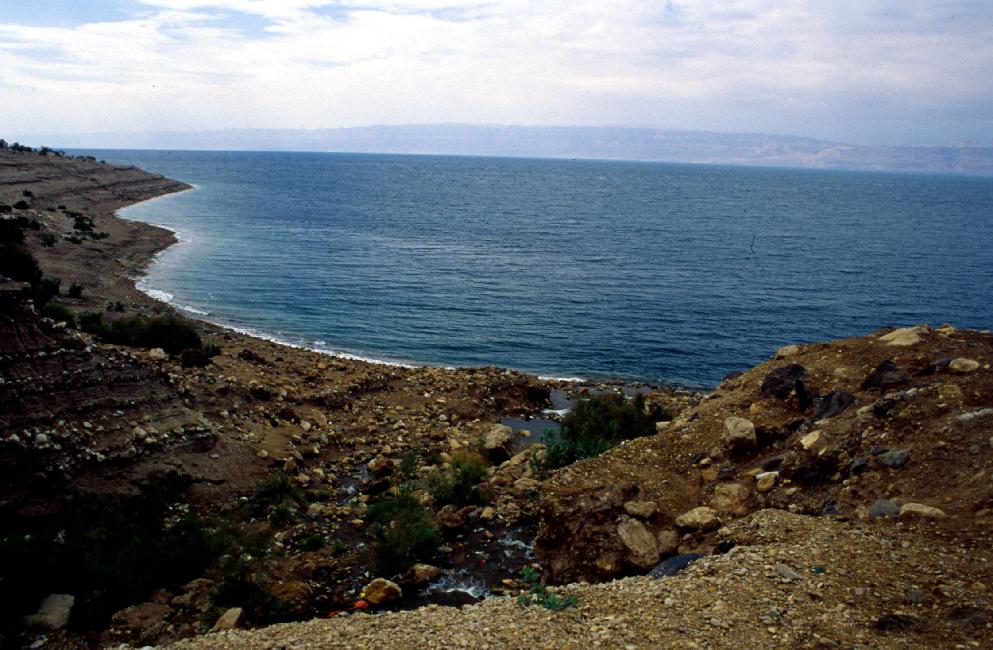 La mer Morte, avec au premier plan une source chaude d'eau douce