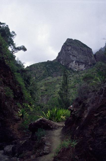 Le sentier serpente vers une cheminée de lave
